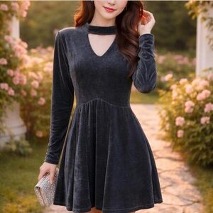 Listicle steely Blue Velvet Mini Dress with choker cutout neckline